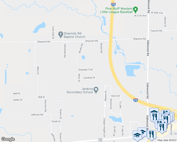 map of restaurants, bars, coffee shops, grocery stores, and more near 6304 Granada Trail in Pine Bluff