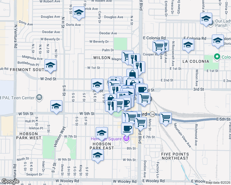 map of restaurants, bars, coffee shops, grocery stores, and more near 315 South C Street in Oxnard