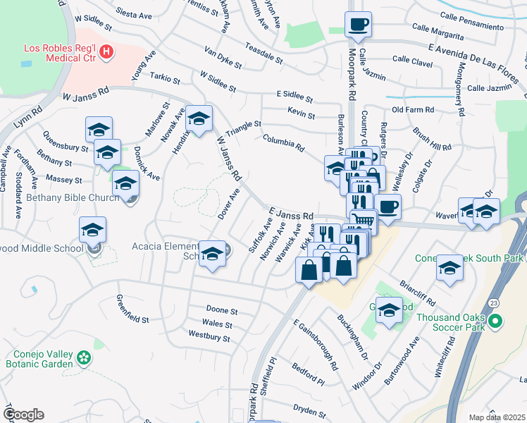map of restaurants, bars, coffee shops, grocery stores, and more near 8 West Janss Road in Thousand Oaks