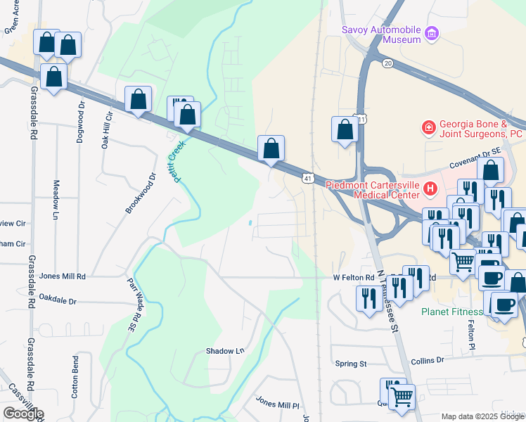 map of restaurants, bars, coffee shops, grocery stores, and more near 244 Grand Central Way in Cartersville