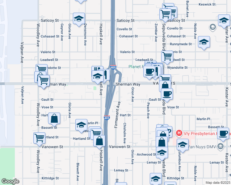 map of restaurants, bars, coffee shops, grocery stores, and more near 7135 Firmament Avenue in Los Angeles