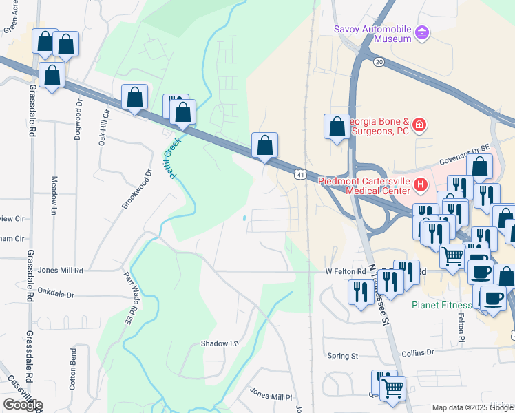 map of restaurants, bars, coffee shops, grocery stores, and more near 242 Grand Central Way in Cartersville