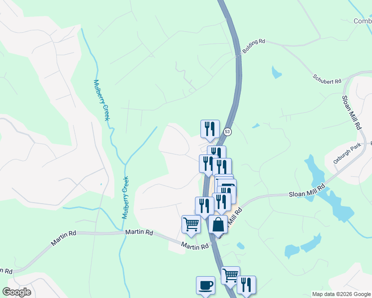 map of restaurants, bars, coffee shops, grocery stores, and more near 4139 Walnut Circle in Flowery Branch