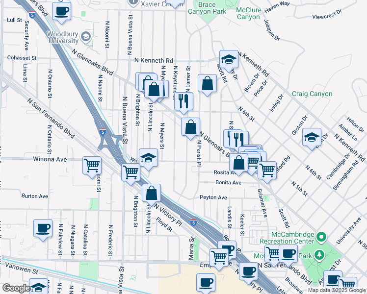 map of restaurants, bars, coffee shops, grocery stores, and more near 2227 North Lamer Street in Burbank