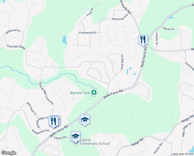 map of restaurants, bars, coffee shops, grocery stores, and more near 324 Downing Creek Trail in Canton