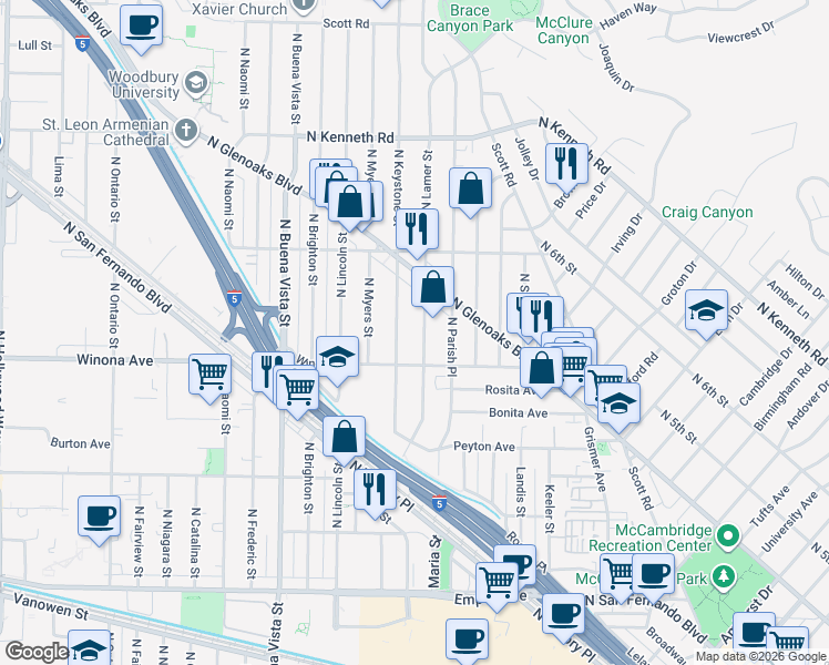 map of restaurants, bars, coffee shops, grocery stores, and more near 2227 North Lamer Street in Burbank