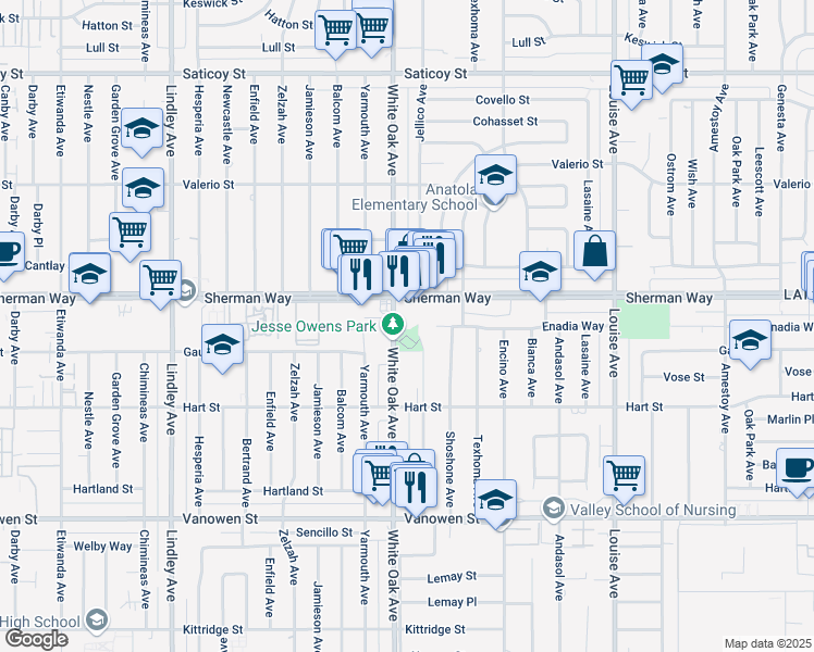 map of restaurants, bars, coffee shops, grocery stores, and more near 7132 White Oak Avenue in Los Angeles