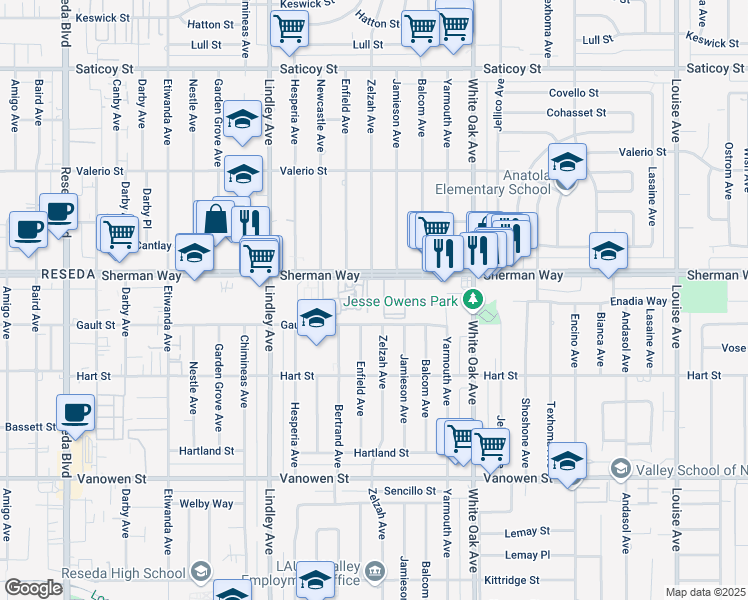 map of restaurants, bars, coffee shops, grocery stores, and more near 17900 Sherman Way in Reseda