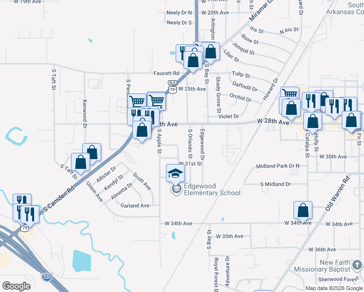 map of restaurants, bars, coffee shops, grocery stores, and more near 2907 Taylor Drive in Pine Bluff