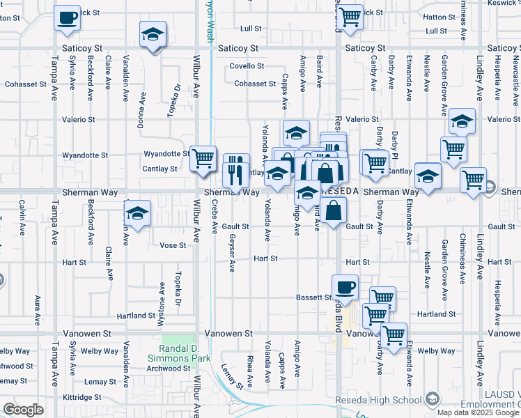 map of restaurants, bars, coffee shops, grocery stores, and more near 7127 Yolanda Avenue in Los Angeles