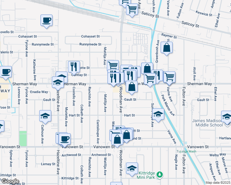 map of restaurants, bars, coffee shops, grocery stores, and more near 7128 Mammoth Avenue in Los Angeles