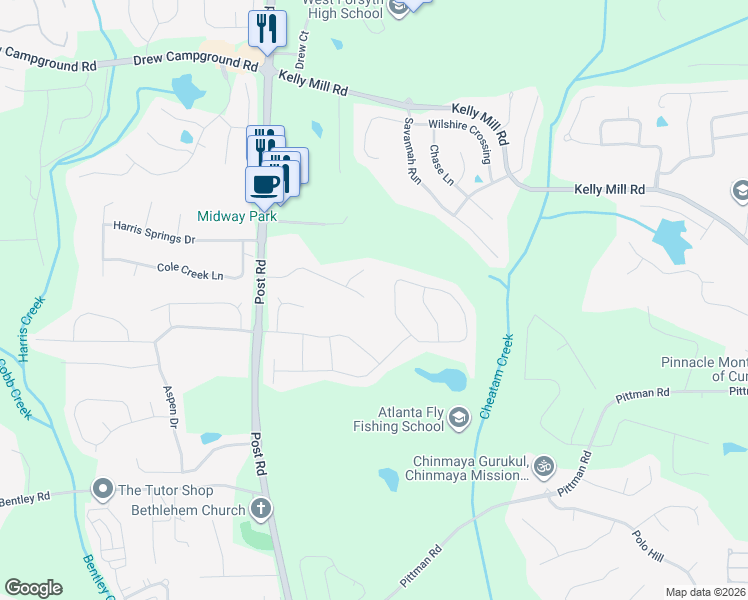 map of restaurants, bars, coffee shops, grocery stores, and more near 5345 Jonathans Way in Cumming