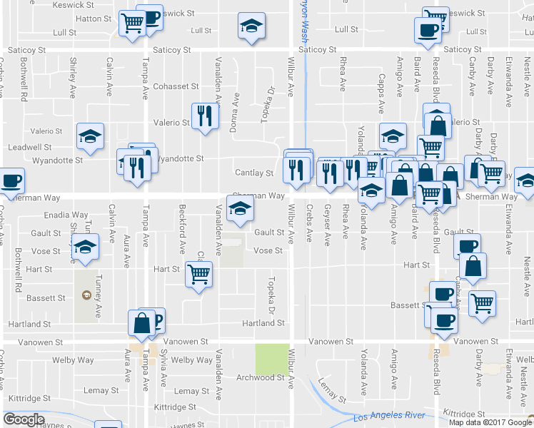 map of restaurants, bars, coffee shops, grocery stores, and more near 18930 Sherman Way in Los Angeles