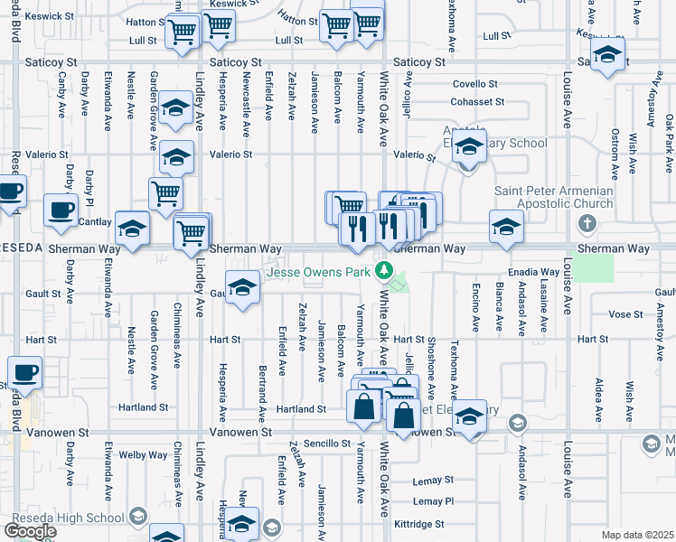 map of restaurants, bars, coffee shops, grocery stores, and more near 17760-17766 Sherman Way in Los Angeles