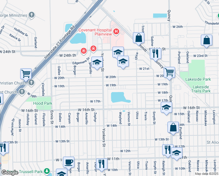 map of restaurants, bars, coffee shops, grocery stores, and more near 2407 West 19th Street in Plainview