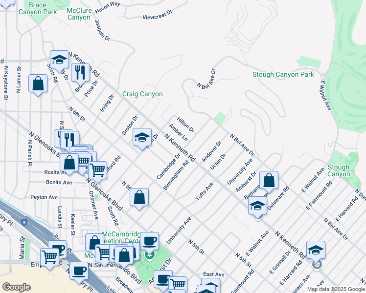 map of restaurants, bars, coffee shops, grocery stores, and more near 1807 North Kenneth Road in Burbank