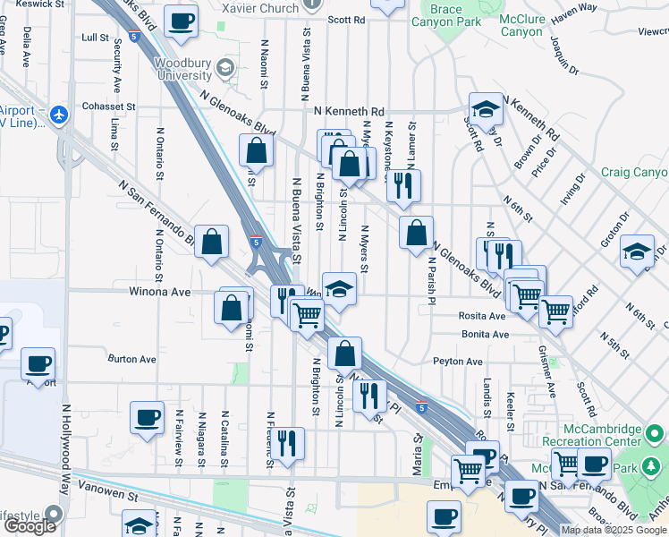 map of restaurants, bars, coffee shops, grocery stores, and more near 2420 North Brighton Street in Burbank
