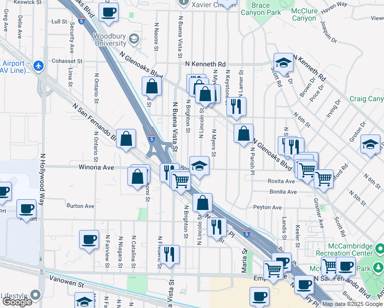 map of restaurants, bars, coffee shops, grocery stores, and more near 2420 North Brighton Street in Burbank
