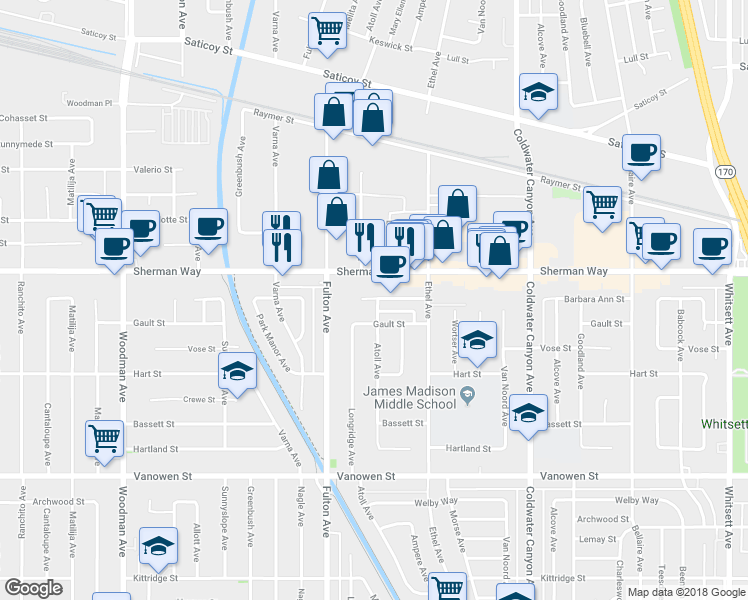 map of restaurants, bars, coffee shops, grocery stores, and more near 7121 1/2 Atoll Avenue in Los Angeles