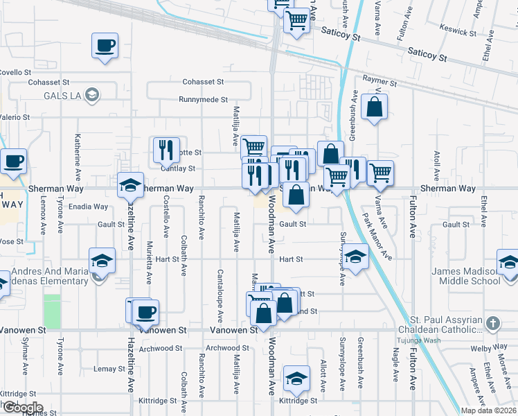map of restaurants, bars, coffee shops, grocery stores, and more near 7123 Mammoth Avenue in Los Angeles