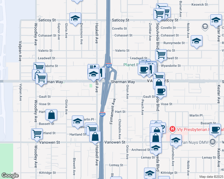 map of restaurants, bars, coffee shops, grocery stores, and more near 7121 Firmament Avenue in Los Angeles