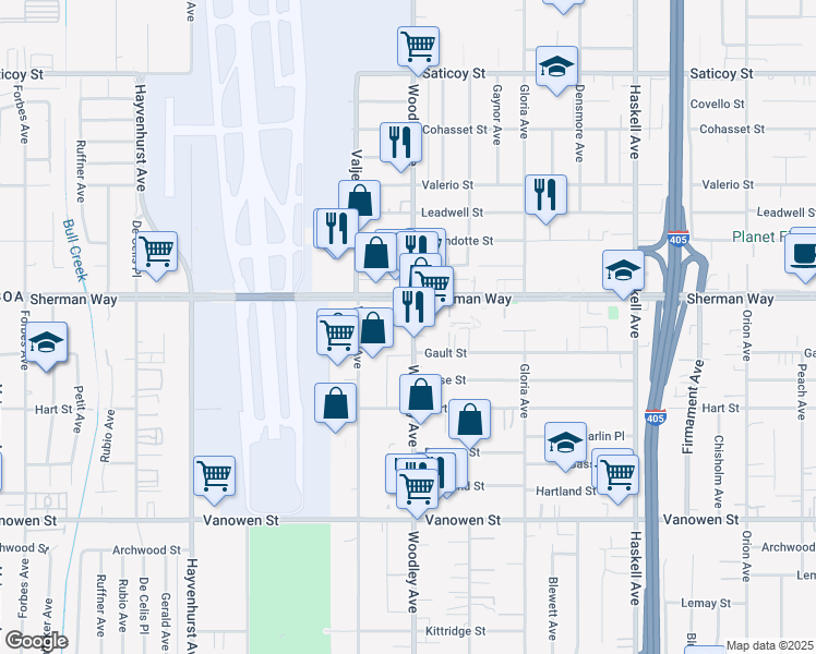 map of restaurants, bars, coffee shops, grocery stores, and more near 7117 Woodley Avenue in Los Angeles