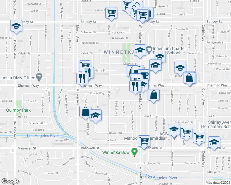 map of restaurants, bars, coffee shops, grocery stores, and more near 20249 Gault Street in Los Angeles