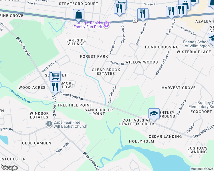 map of restaurants, bars, coffee shops, grocery stores, and more near 5420 Patricia Drive in Wilmington