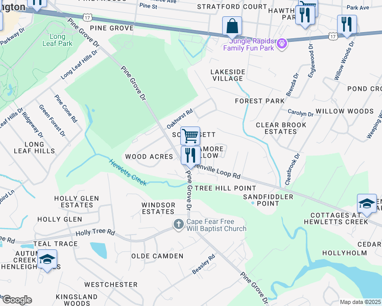 map of restaurants, bars, coffee shops, grocery stores, and more near 805 Pine Grove Drive in Wilmington