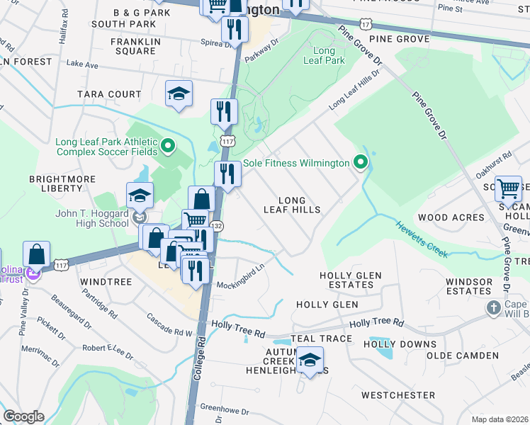 map of restaurants, bars, coffee shops, grocery stores, and more near 126 Wintergreen Road in Wilmington