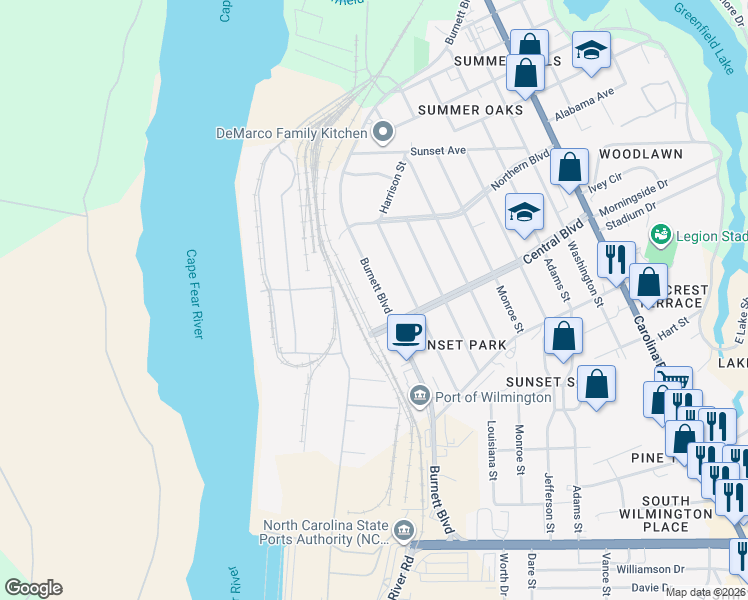 map of restaurants, bars, coffee shops, grocery stores, and more near 2082 Burnett Boulevard in Wilmington