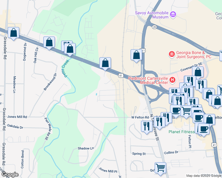 map of restaurants, bars, coffee shops, grocery stores, and more near 216 Grand Central Way in Cartersville