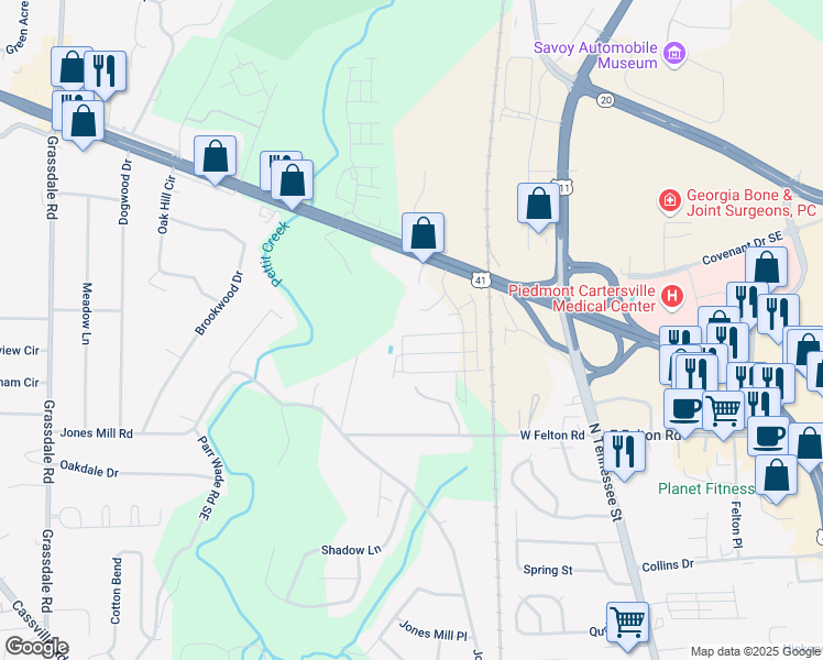 map of restaurants, bars, coffee shops, grocery stores, and more near 244 Grand Central Way in Cartersville