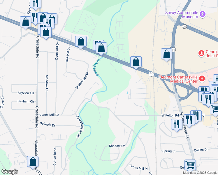 map of restaurants, bars, coffee shops, grocery stores, and more near 1043 Jones Mill Road in Cartersville
