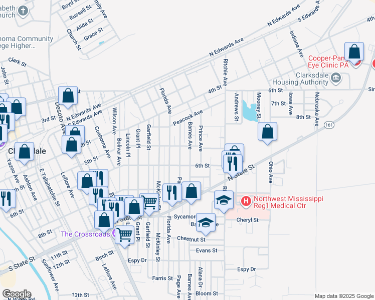 map of restaurants, bars, coffee shops, grocery stores, and more near 518 Barnes Avenue in Clarksdale