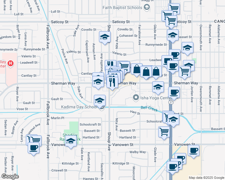 map of restaurants, bars, coffee shops, grocery stores, and more near 7138 Shoup Avenue in Los Angeles