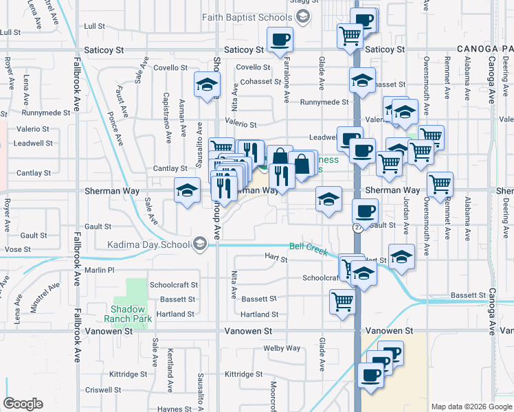 map of restaurants, bars, coffee shops, grocery stores, and more near 7150 Carlson Circle in Los Angeles