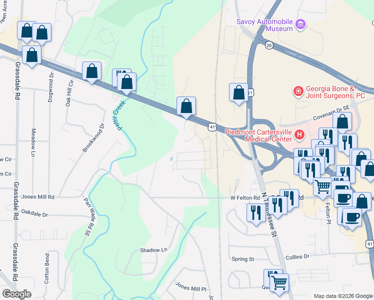 map of restaurants, bars, coffee shops, grocery stores, and more near 242 Grand Central Way in Cartersville