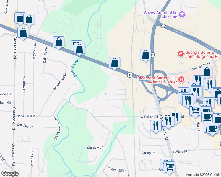 map of restaurants, bars, coffee shops, grocery stores, and more near 242 Grand Central Way in Cartersville