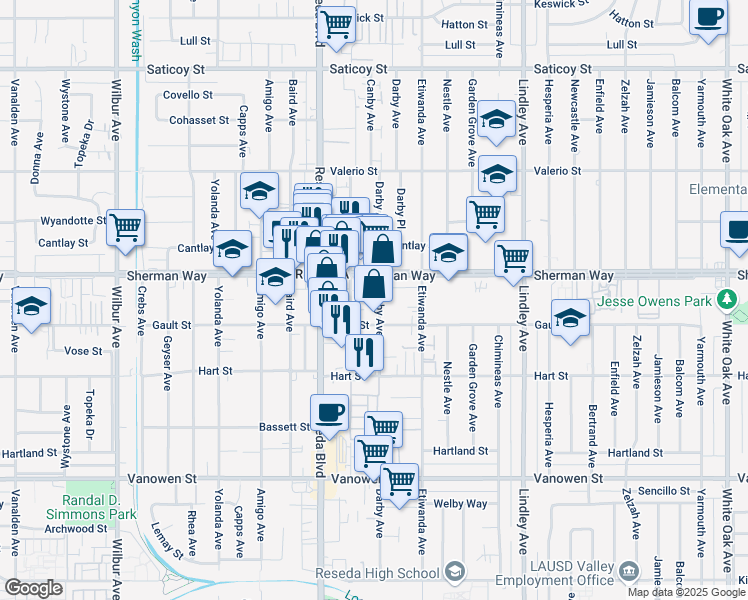 map of restaurants, bars, coffee shops, grocery stores, and more near 7120 Canby Avenue in Los Angeles