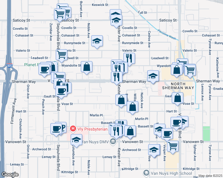 map of restaurants, bars, coffee shops, grocery stores, and more near 7117 Kester Avenue in Los Angeles