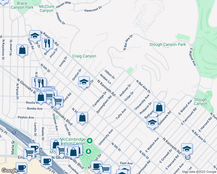 map of restaurants, bars, coffee shops, grocery stores, and more near 1807 North Kenneth Road in Burbank
