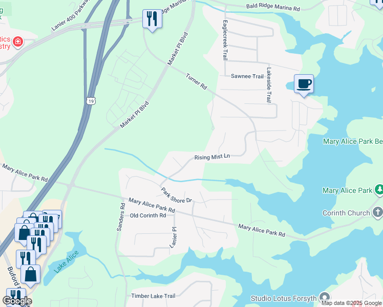 map of restaurants, bars, coffee shops, grocery stores, and more near 1645 Rising Mist Lane in Cumming