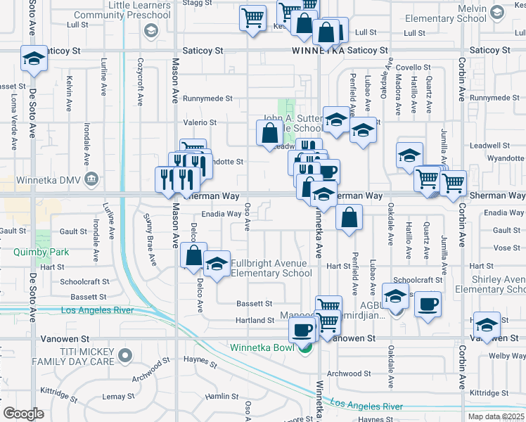 map of restaurants, bars, coffee shops, grocery stores, and more near 20224 Sherman Way in Los Angeles