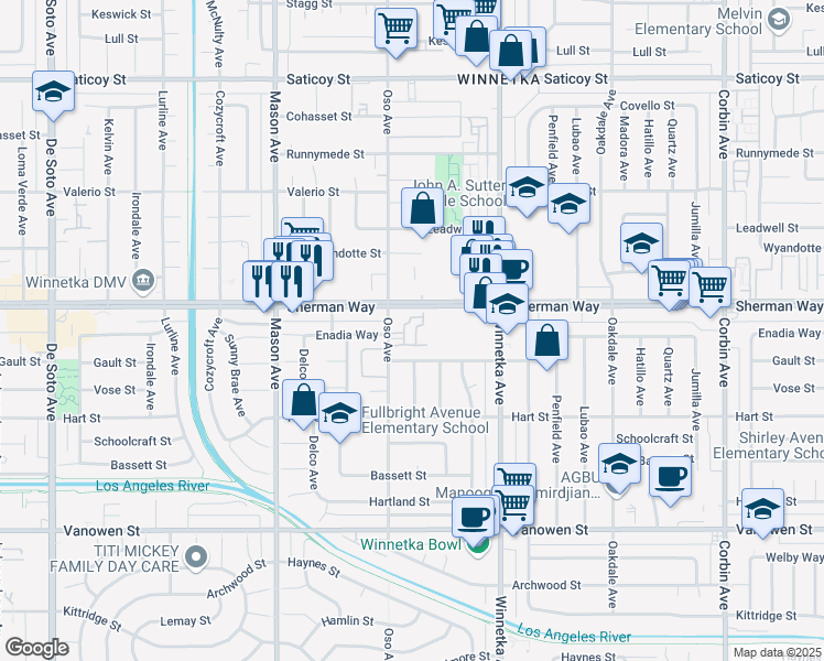 map of restaurants, bars, coffee shops, grocery stores, and more near 20224 Sherman Way in Los Angeles
