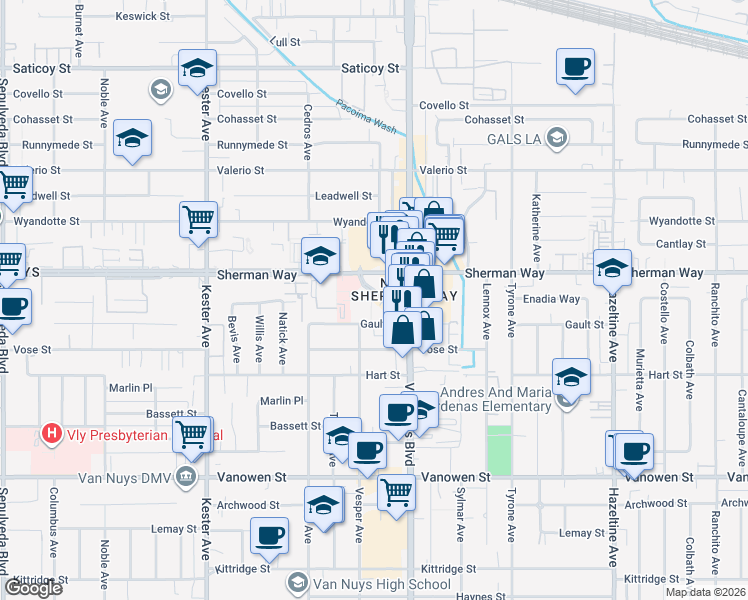 map of restaurants, bars, coffee shops, grocery stores, and more near 14500 Sherman Circle in Los Angeles