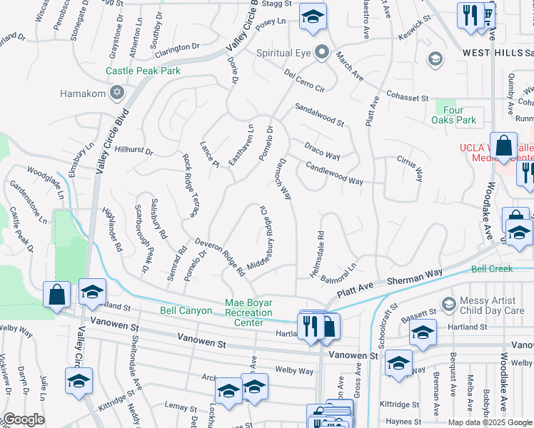 map of restaurants, bars, coffee shops, grocery stores, and more near 7034 Middlesbury Ridge Circle in Los Angeles