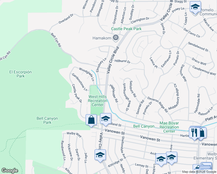 map of restaurants, bars, coffee shops, grocery stores, and more near 24378 Highlander Road in Los Angeles