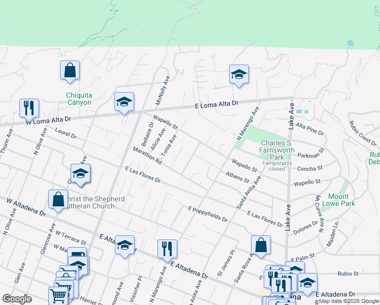 map of restaurants, bars, coffee shops, grocery stores, and more near 3321 North Raymond Avenue in Altadena