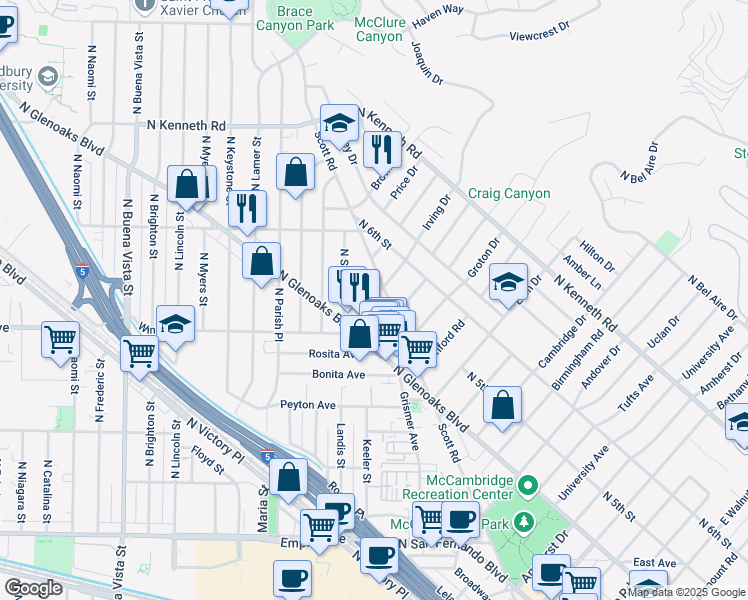 map of restaurants, bars, coffee shops, grocery stores, and more near 444 Irving Drive in Burbank